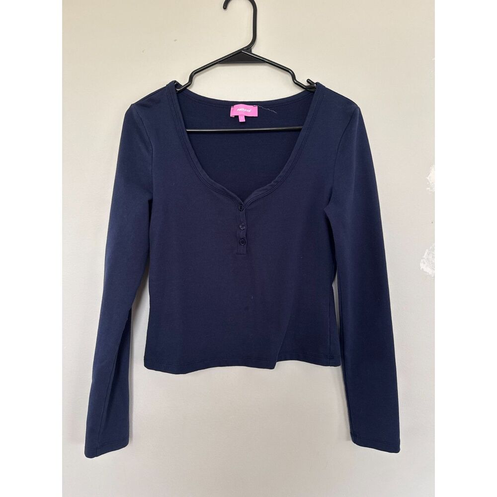Edikted Navy Blue Long Sleeve Scoop Neck Henley Crop Top - Size Medium